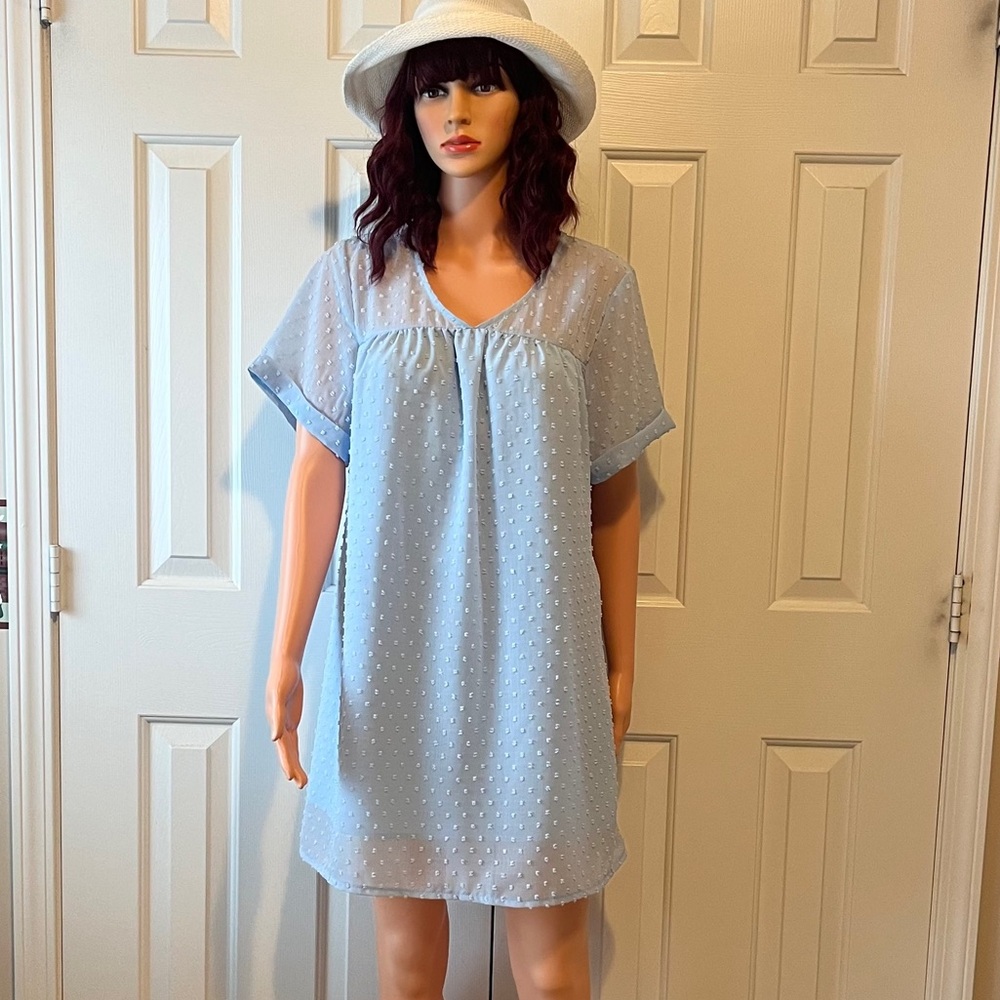 Light Blue Polka Dot Dress with White Hat